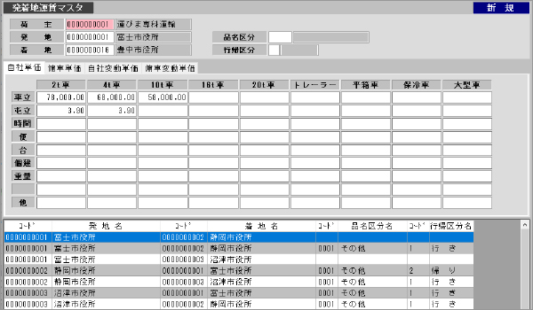 発着地運賃マスタ画面