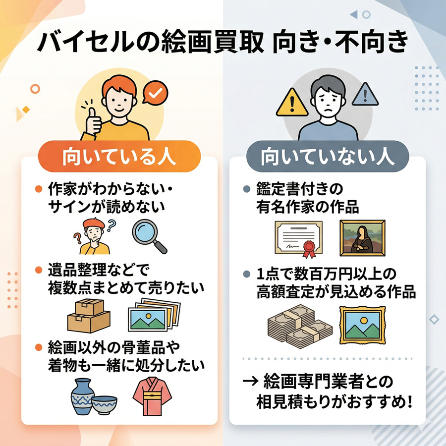 バイセル絵画買取の向き・不向き。作家不明や多点まとめ売りには向いているが、高額な有名作家単品は専門業者との比較を推奨
