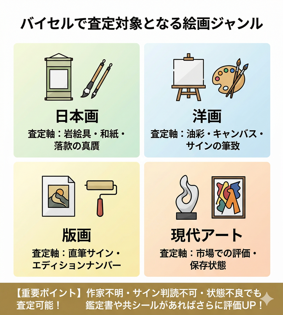 バイセルで売れる絵画の条件。日本画、洋画、版画、現代アートの査定軸と、作家不明や状態不良でも査定可能