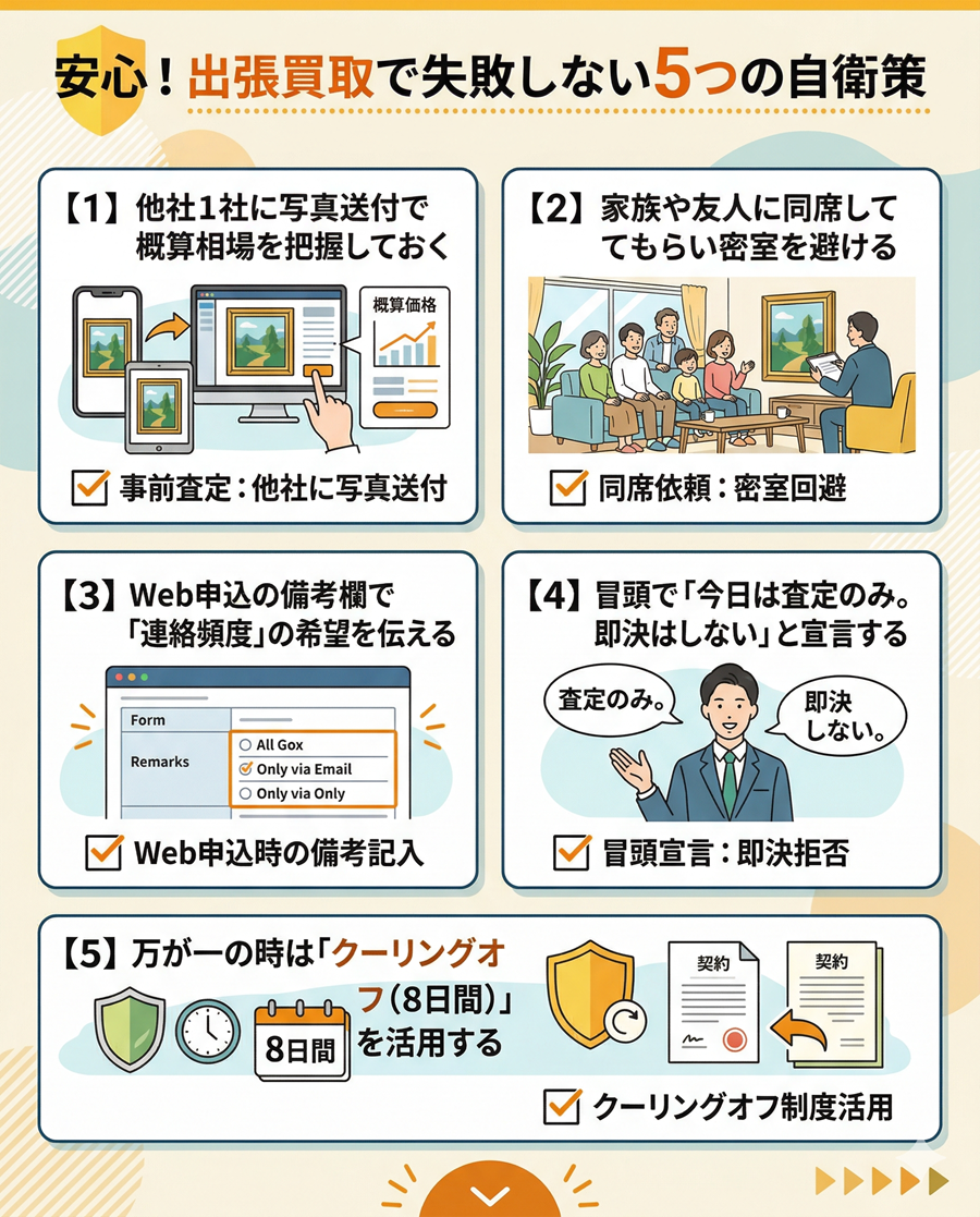 絵画の出張買取で押し買いを避ける5つの自衛策。相場把握、家族同席、連絡頻度の指定、冒頭での宣言、クーリングオフの活用